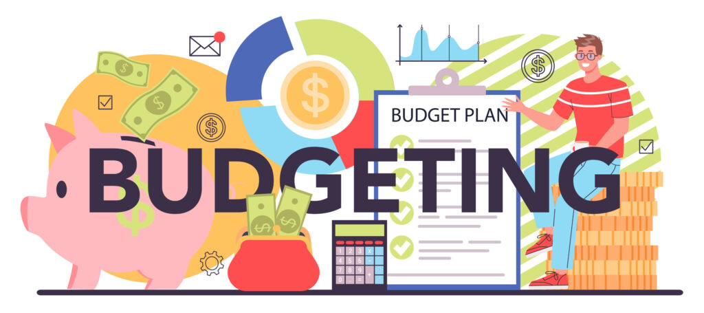 Person planning a monthly budget with a notebook, calculator, and savings goals to manage money and spend wisely.