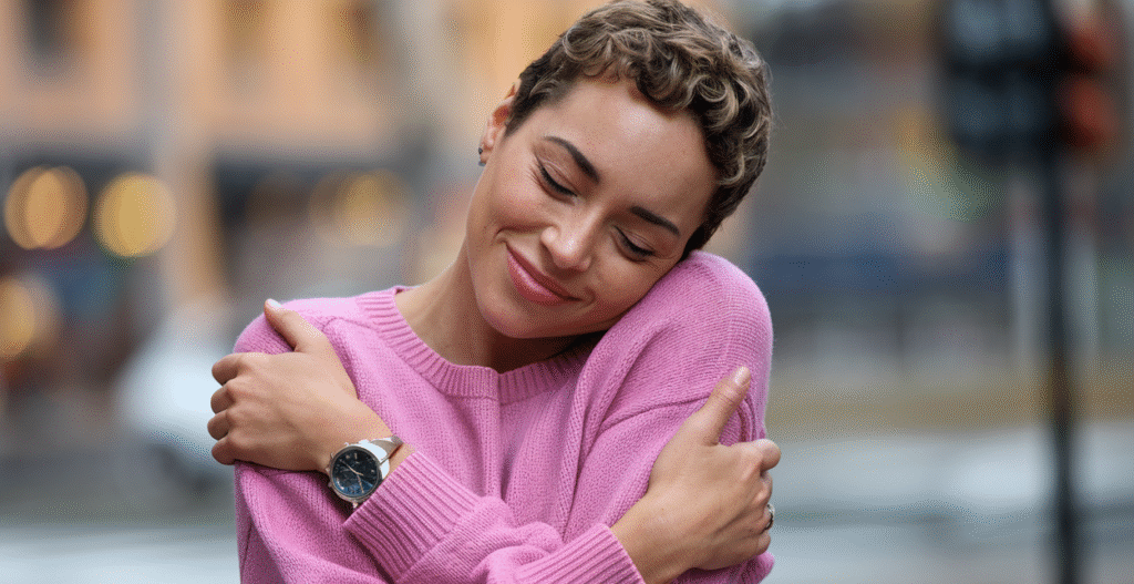 Woman practicing self-love and mindfulness while enjoying a peaceful, positive moment at home.