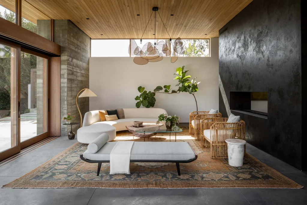 Modern minimalist furniture with clean designs, neutral tones, and functional pieces creating a calm home interior